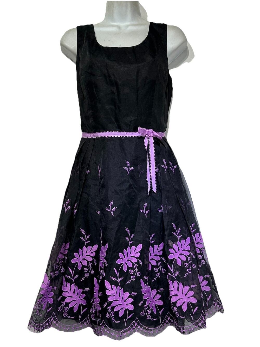 anna sui black purple floral embroidered silk Lace Trim Sleeveless dress Size 8